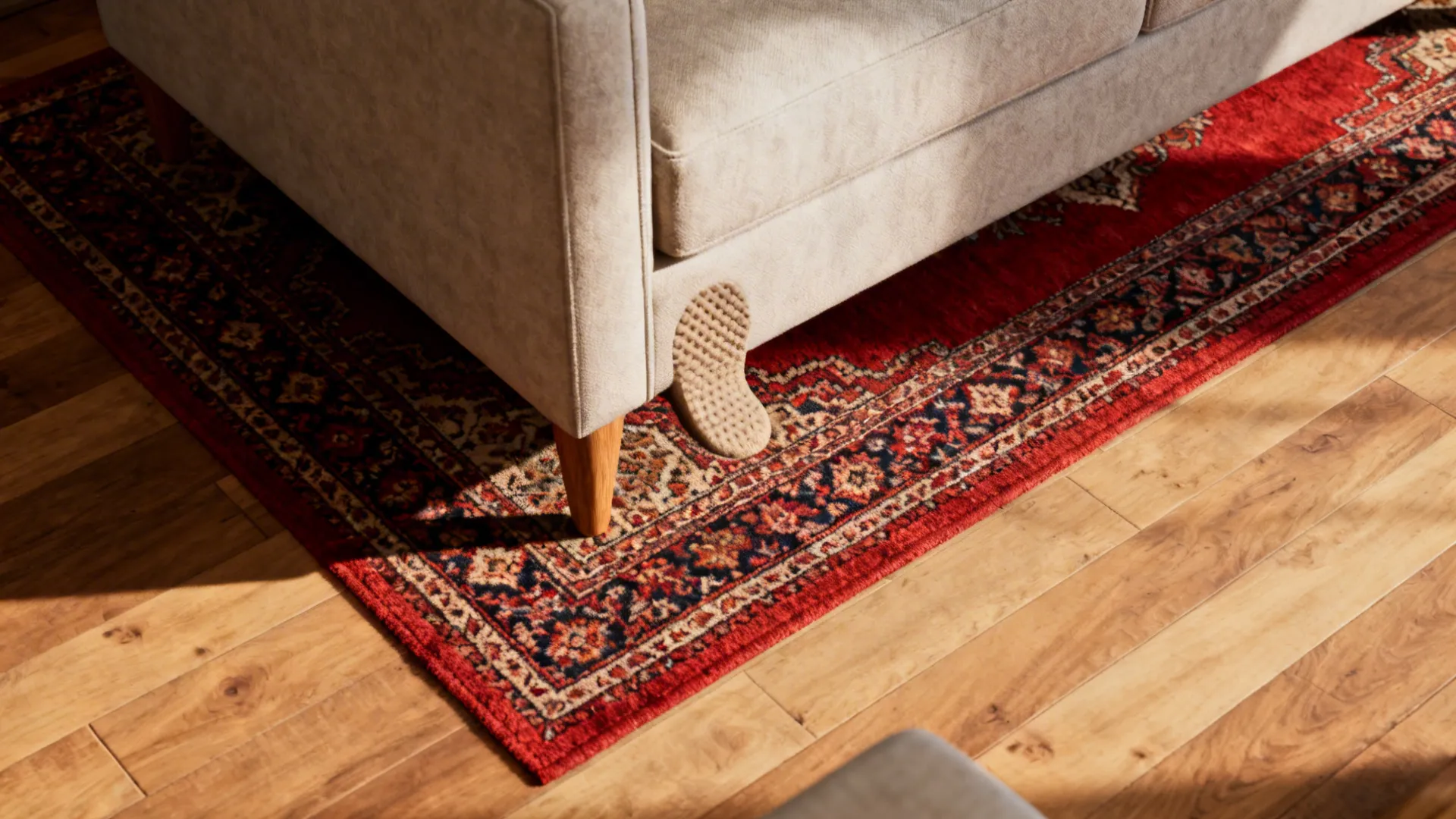 Beige sofa corner on a red patterned rug placed over a light colored wooden floor